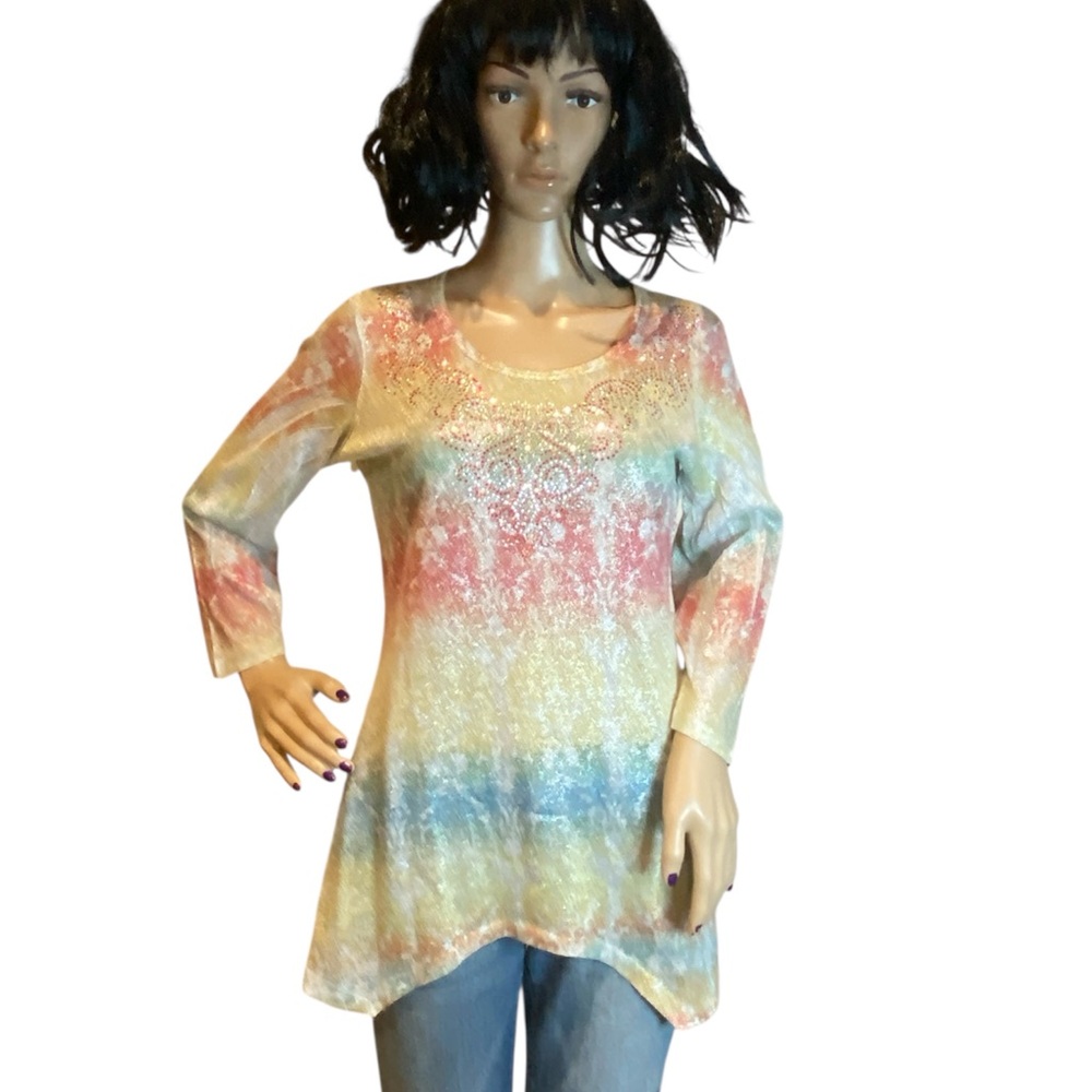Reba 3/4 Sleeved Sparkly Shiny Metallic Thread Sequins Top Shirt Size Medium EUC